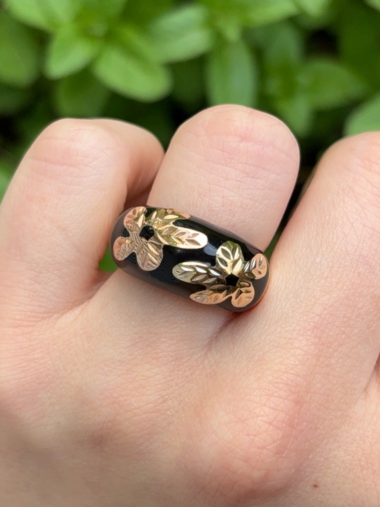 Catbird Jewelry - 14k Gold Two Tone Diamond Cut Flower Dome Ring with Black Enamel
